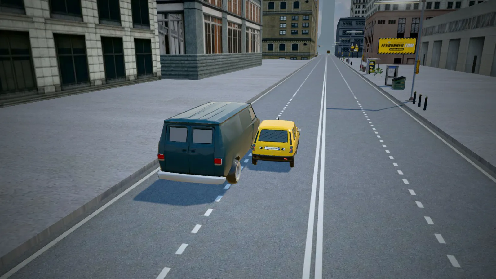 The pursuing van pulls alongside the yellow hatch and leans on it
