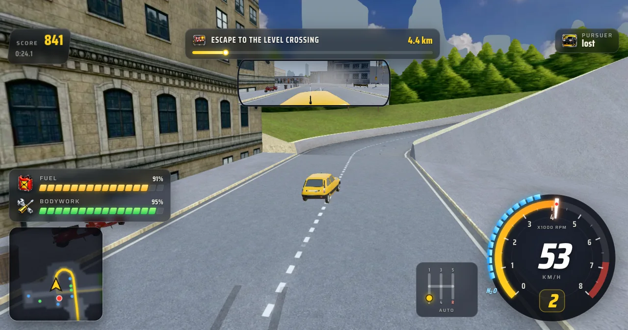 The in-game HUD: minimap, rear-view mirror, fuel and bodywork, the dial